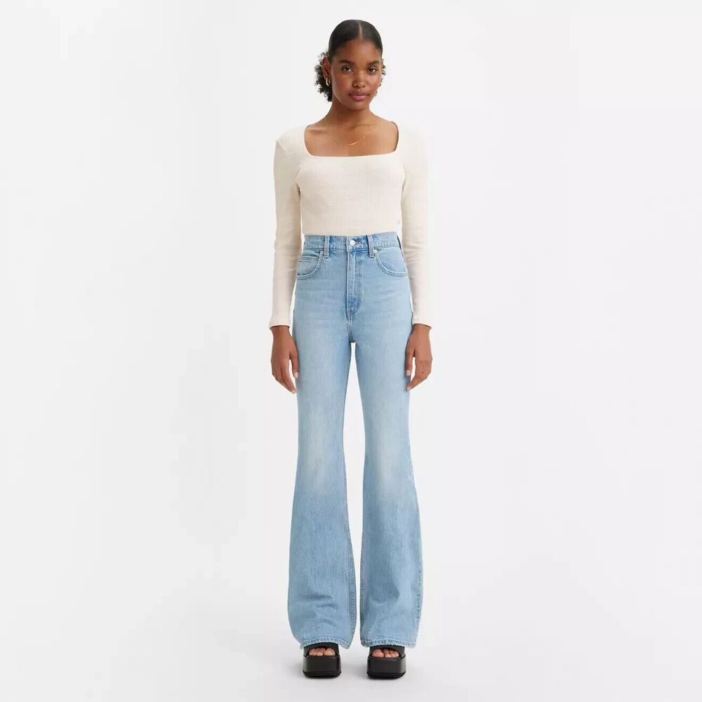 Levis Premium Womens Denim Jeans 70s High Rise Flare Light Blue Wide Leg NWT
